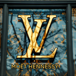 Eine goldene Logo von Louis Vuitton auf einem Fenster mit dekorativen Mustern, mit der Aufschrift Moët Hennessy darunter