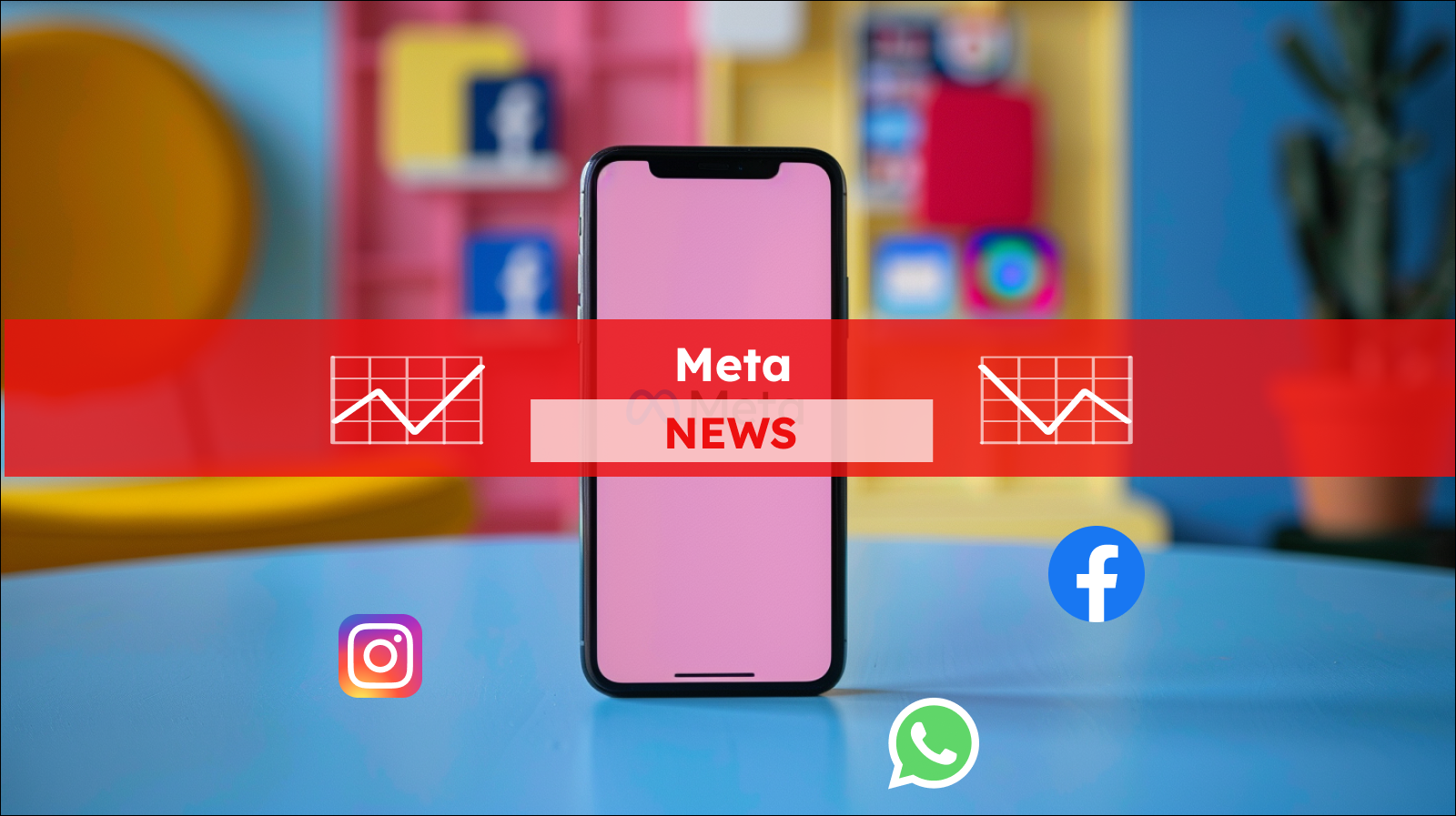 Smartphone mit weißem Bildschirm, Instagram, Facebook, Threads, WhatsApp im Vordergrund,  mit einem Meta NEWS Banner