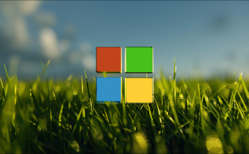 Ein Microsoft-Logo in einem grünen Grasfeld, mit einem blauen Himmel im Hintergrund