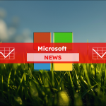 Ein Microsoft-Logo in einem grünen Grasfeld, mit einem blauen Himmel im Hintergrund, mit einem Microsoft NEWS Banner