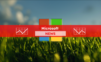 Ein Microsoft-Logo in einem grünen Grasfeld, mit einem blauen Himmel im Hintergrund, mit einem Microsoft NEWS Banner