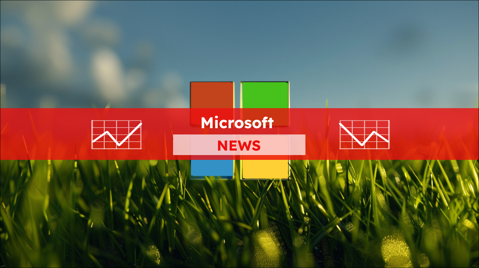 Ein Microsoft-Logo in einem grünen Grasfeld, mit einem blauen Himmel im Hintergrund, mit einem Microsoft NEWS Banner