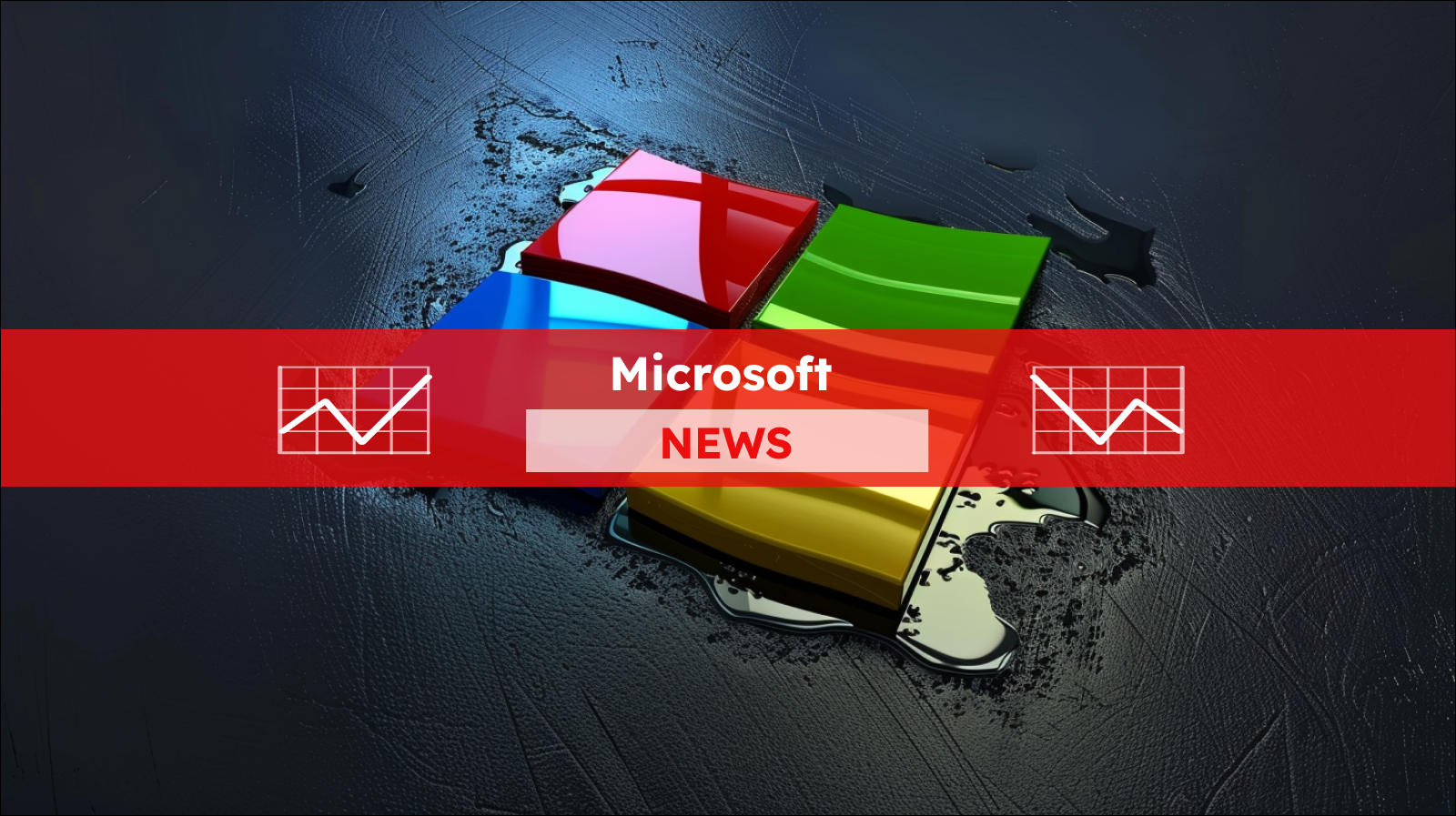 Logo in leuchtenden Farben, das auf einer dunklen Oberfläche, mit einem Microsoft NEWS Banner
