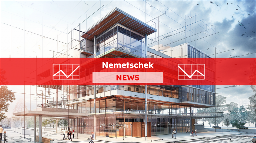 Eine Architekturzeichnung mit einer 3D-Darstellung eines Gebäudes, mit einem Nemetschek NEWS Banner
