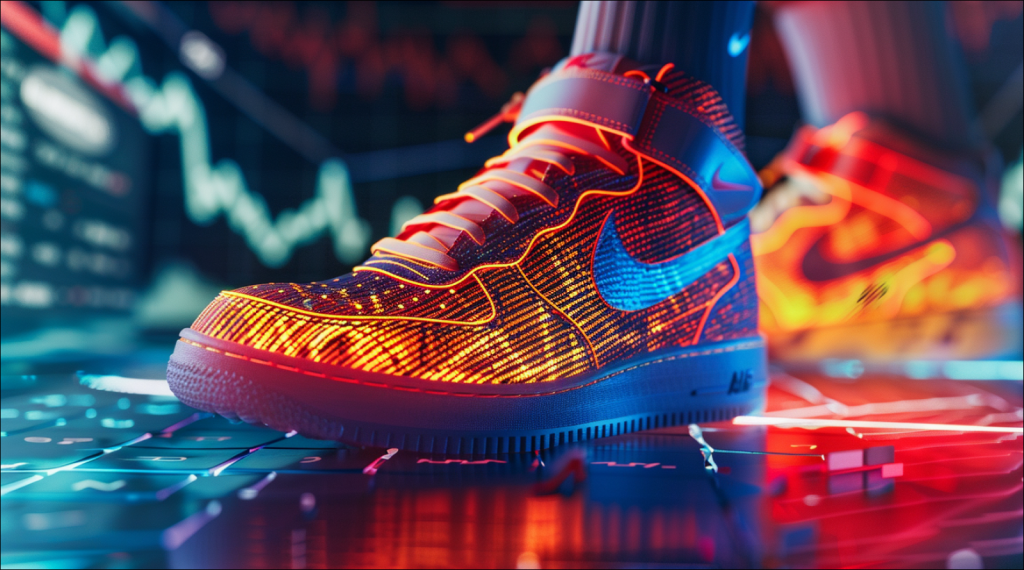 Ein leuchtender Nike-Sportschuh im Vordergrund, mit einer Börsendiagrammanzeige im Hintergrund