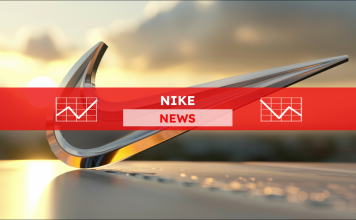Ein Nike-Logo vor einem verschwommenen Sonnenuntergangshintergrund, mit einem NIKE NEWS Banner