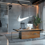 Ein modernes Büro mit einem großen Nike-Logo an der Wand, einem Schreibtisch mit einem Computer und Blick durch ein Fenster.