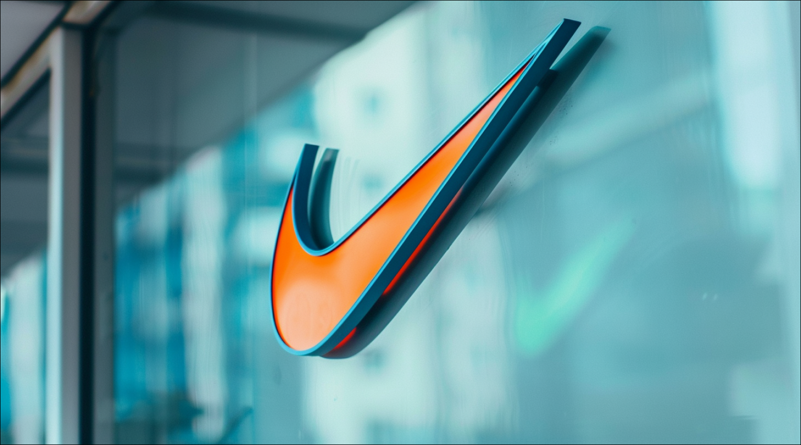 Ein stilisiertes, an einer gläsernen Wand Nike-Logo in Blau und Orange