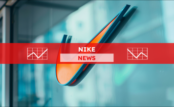 Ein stilisiertes, an einer gläsernen Wand Nike-Logo in Blau und Orange, mit einem NIKE NEWS Banner