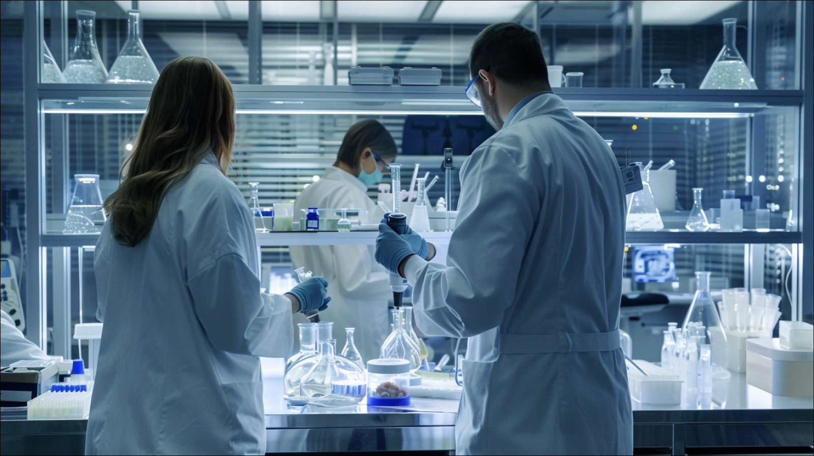 Forscher in weißen Labormänteln arbeiten konzentriert an Experimenten in einem modernen Labor.