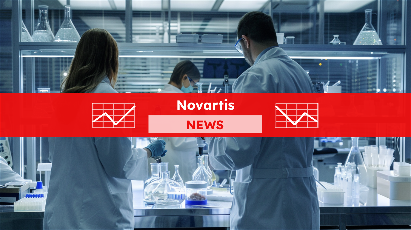 Forscher in weißen Labormänteln arbeiten konzentriert an Experimenten in einem modernen Labor, mit einem Novartis NEWS Banner