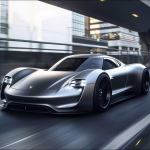 Ein grauer Sportwagen von Porsche, der mit hoher Geschwindigkeit auf einer städtischen Straße fährt.