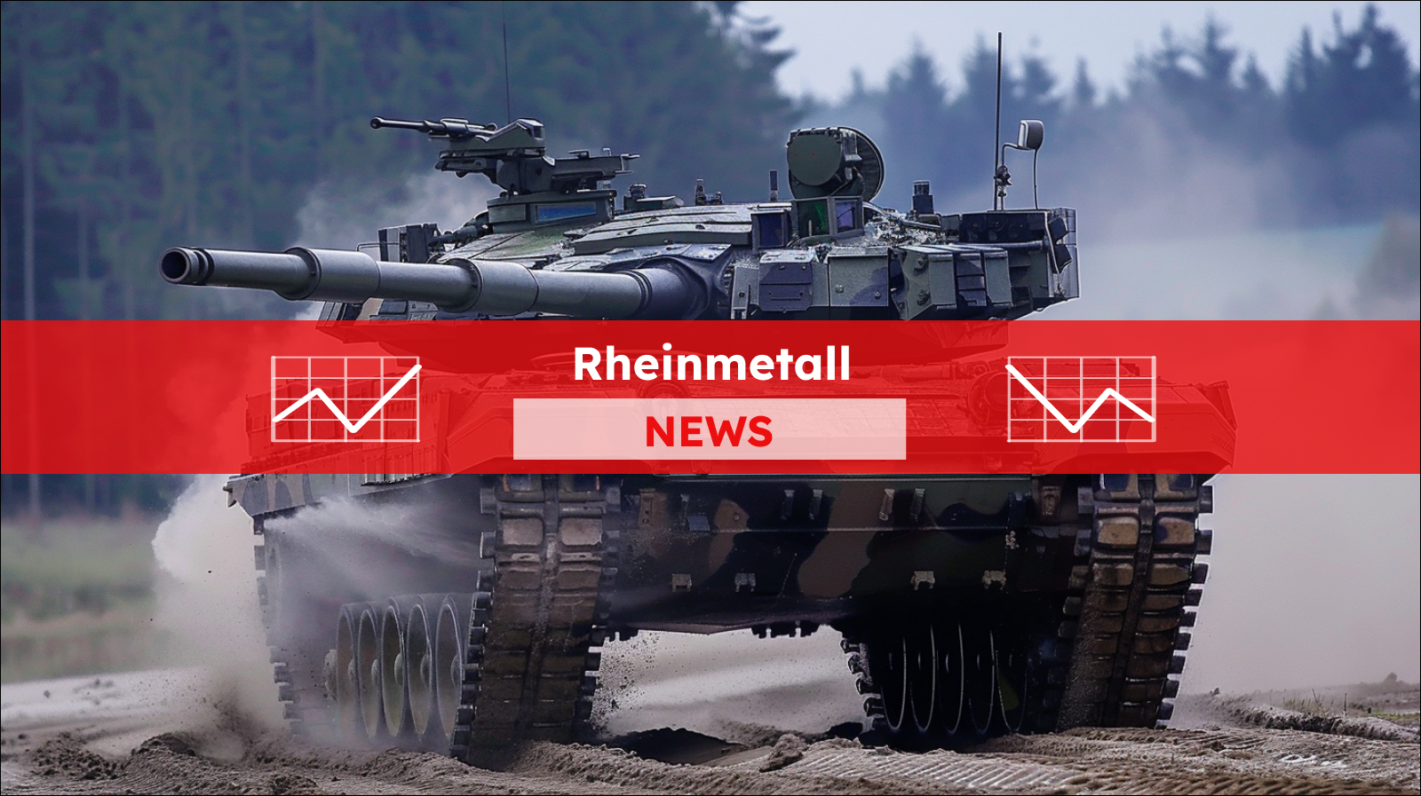 Ein Kampfpanzer in voller Fahrt, der Staub auf einer offenen Geländestrecke aufwirbelt,  mit einem Rheinmetall NEWS Banner