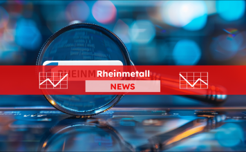 eine Lupe, die das Logo von RHEINMETALL vergrößert darstellt, vor einem unscharfen, leuchtend bunten Hintergrund, mit einem Rheinmetall NEWS Banner