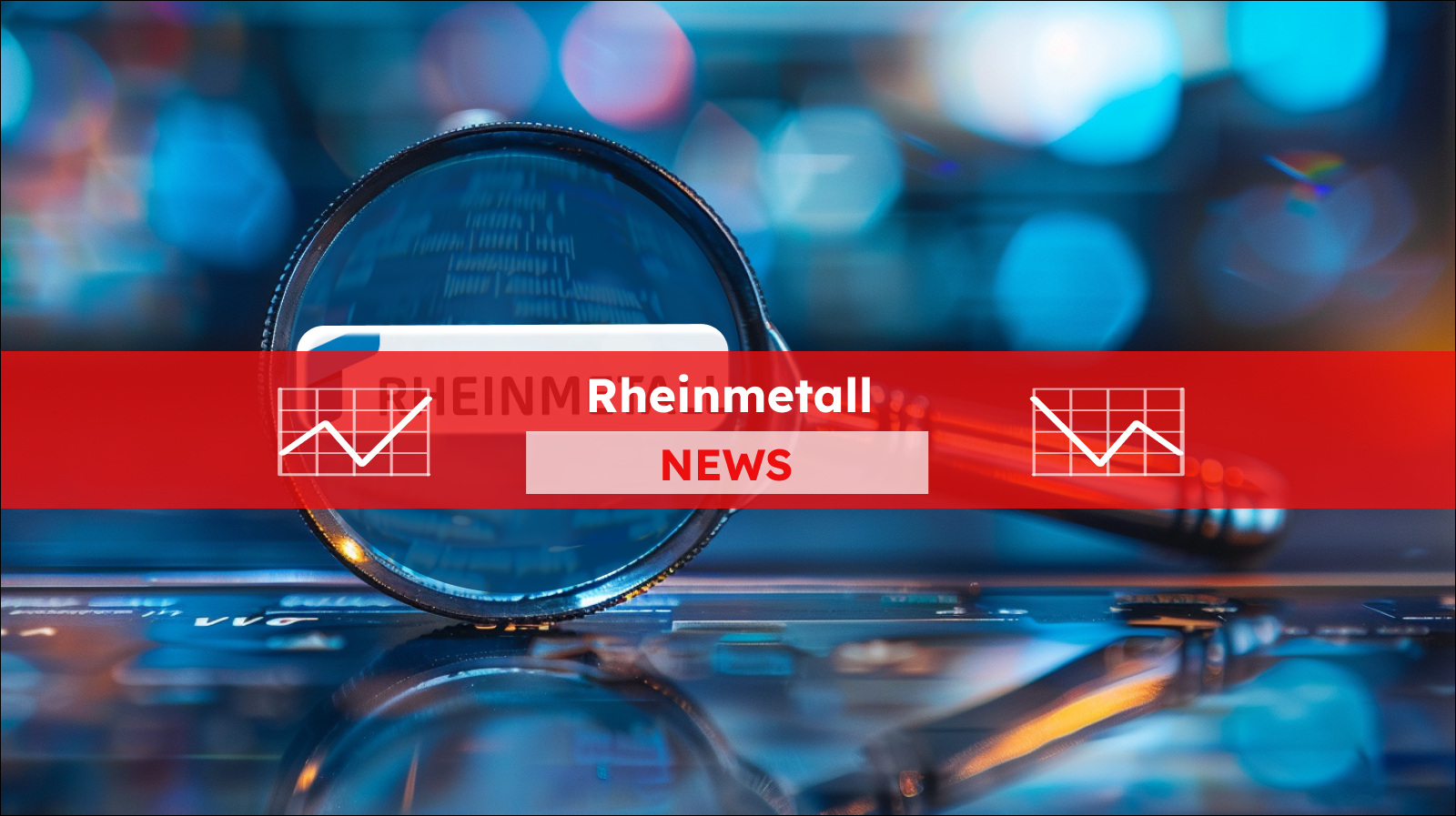 eine Lupe, die das Logo von RHEINMETALL vergrößert darstellt, vor einem unscharfen, leuchtend bunten Hintergrund, mit einem Rheinmetall NEWS Banner