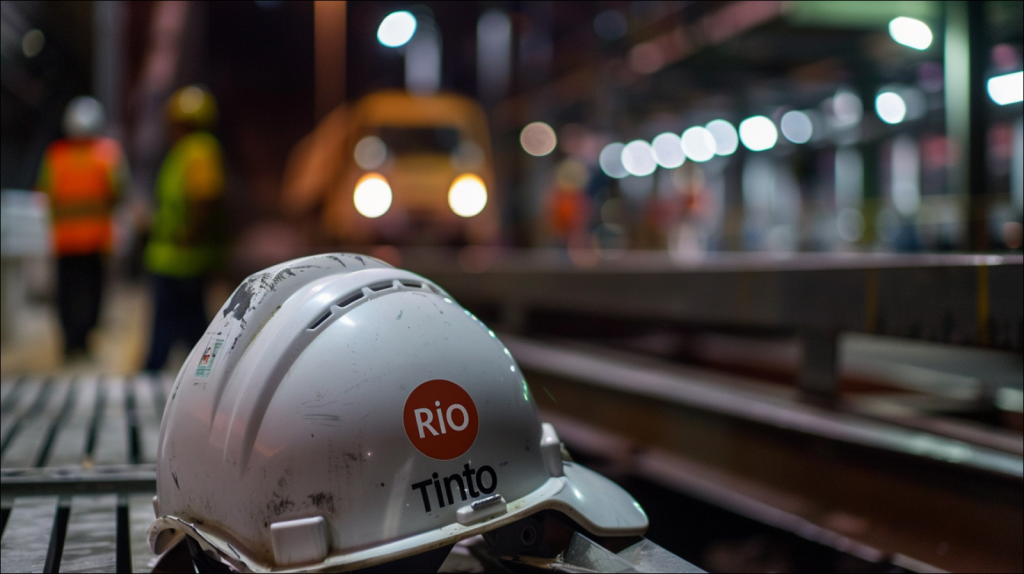 Ein verschmutzter Schutzhelm mit Rio Tinto-Logo liegt im Vordergrund, im unscharfen Hintergrund sind Arbeiter