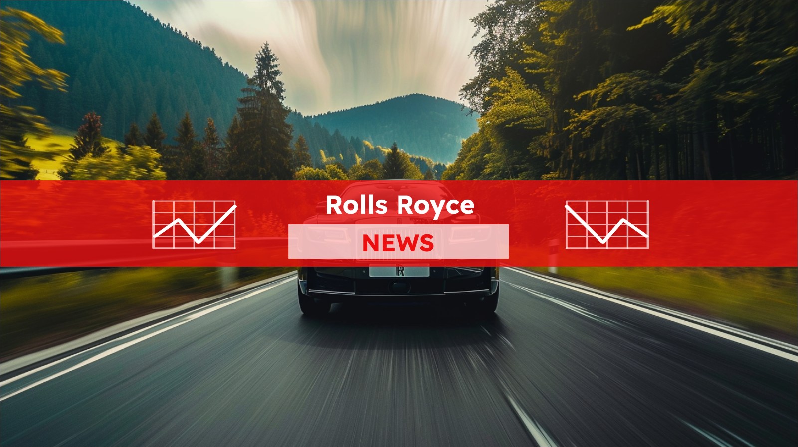 Ein luxuriöser schwarzer Rolls-Royce fährt auf einer Straße, umgeben von einem dichten Wald, mit einem Rolls Royce NEWS Banner