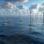 Ein Offshore-Windpark mit zahlreichen Windkraftanlagen im Meer