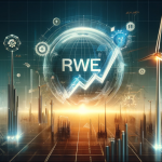 Ein futuristisches Konzept eines Energieunternehmens mit Windkraftanlagen, symbolischen Netzwerkelementen und dem RWE-Logo
