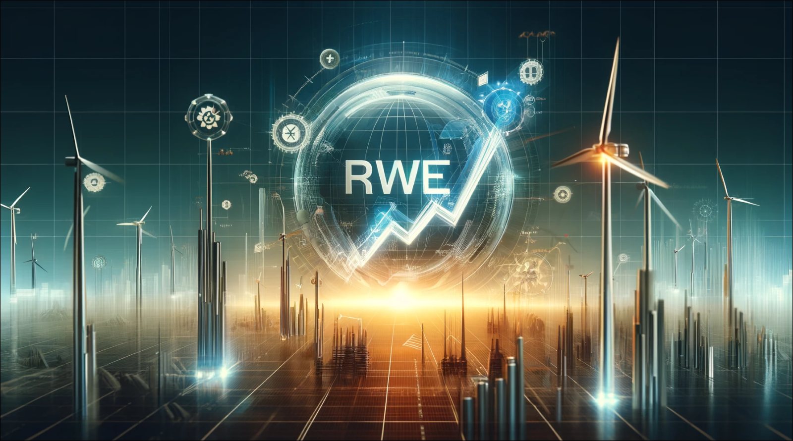 Ein futuristisches Konzept eines Energieunternehmens mit Windkraftanlagen, symbolischen Netzwerkelementen und dem RWE-Logo