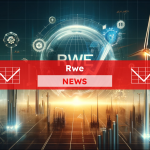 Ein futuristisches Konzept eines Energieunternehmens mit Windkraftanlagen, symbolischen Netzwerkelementen und dem RWE-Logo, mit einem Rwe NEWS Banner.