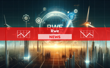 Ein futuristisches Konzept eines Energieunternehmens mit Windkraftanlagen, symbolischen Netzwerkelementen und dem RWE-Logo, mit einem Rwe NEWS Banner.