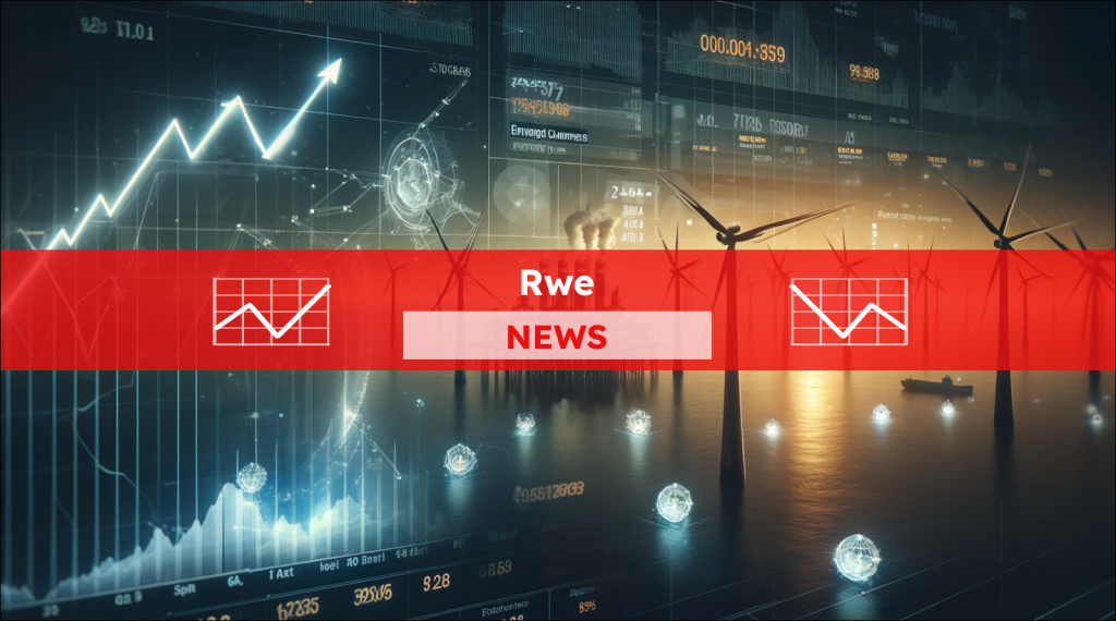 Einige Elemente eines Finanzdiagramms und Windkraftanlagen, mit einem Rwe NEWS Banner.