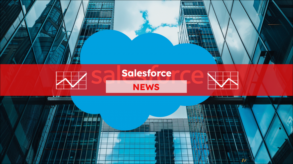das Logo von Salesforce auf einer Wolkenform vor einem Hintergrund aus modernen Glasbürogebäuden und einem blauen Himmel mit einigen Wolken, mit einem Salesforce NEWS Banner