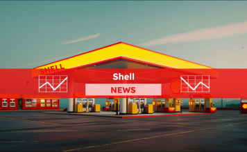 Eine Tankstelle mit Shell-Logo, mit einem Shell NEWS Banner.