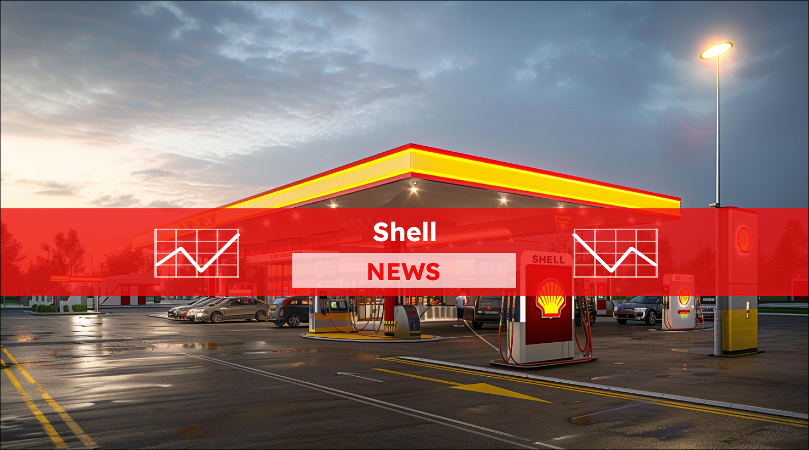 Elektrotankstelle mit Shell-Logo, mit einem Shell NEWS Banner.