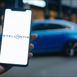 Eine Hand hält ein Smartphone mit eingeschaltetem Bildschirm, der das Logo von Stellantis zeigt, vor einem unscharfen Hintergrund mit einem blauen Auto.
