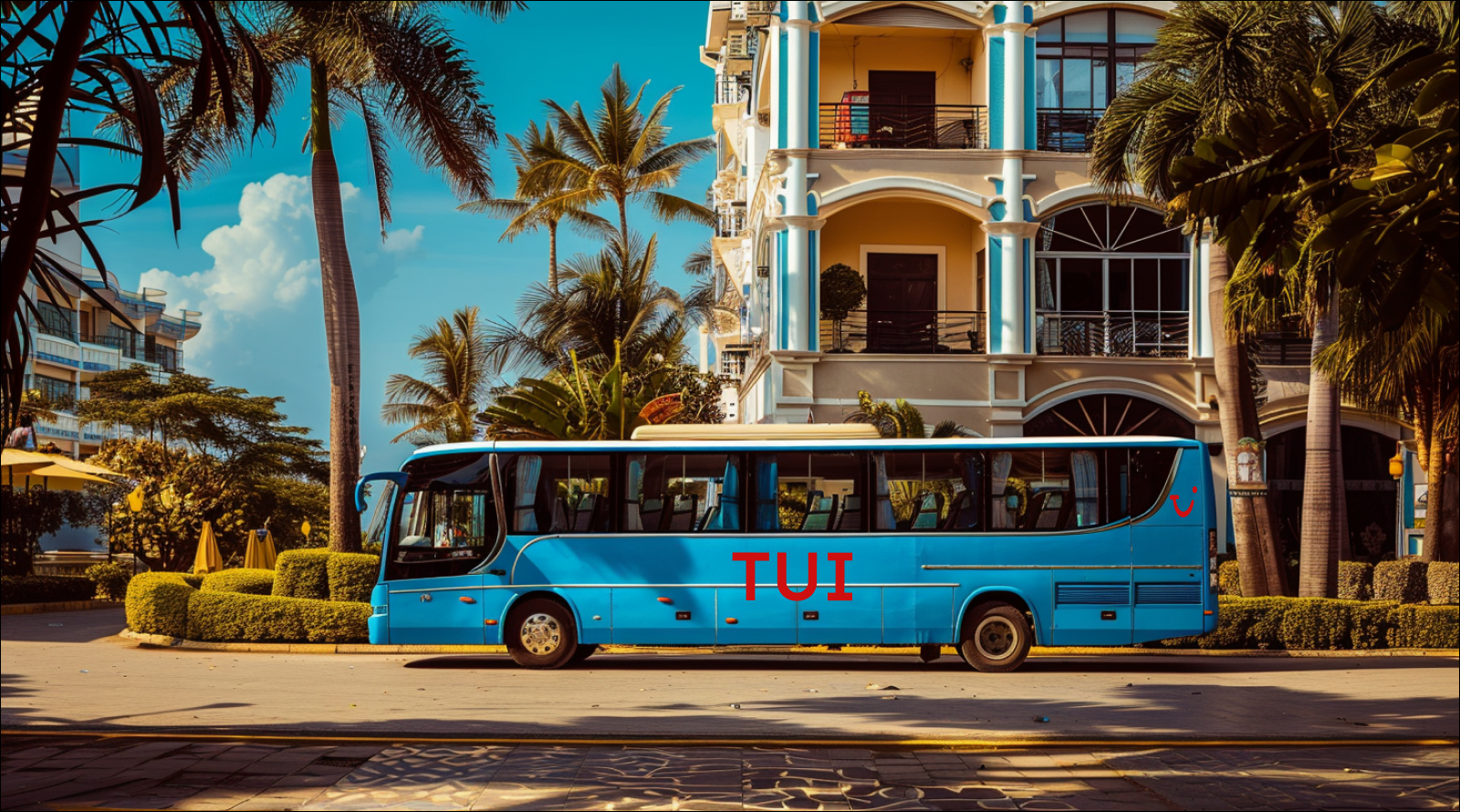 Ein Touristenbus steht in der Nähe des Hotels