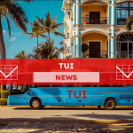 Ein Touristenbus steht in der Nähe des Hotels, mit einem TUI NEWS Banner.