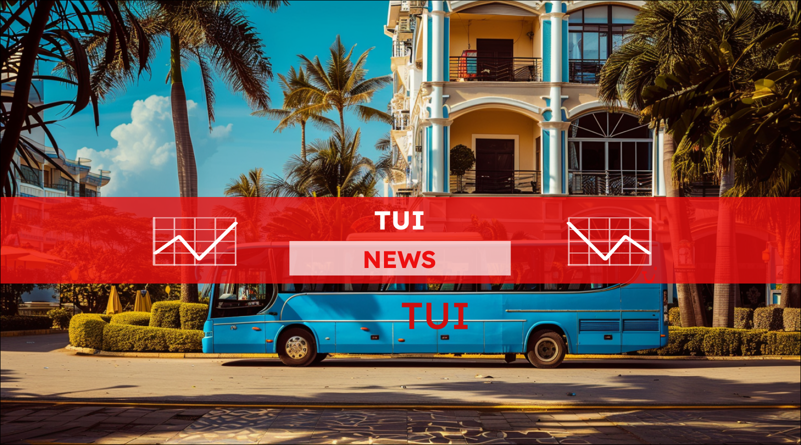 Ein Touristenbus steht in der Nähe des Hotels, mit einem TUI NEWS Banner.