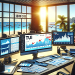 Ein Büro mit mehreren Computerbildschirmen, die TUI-Aktienkurse anzeigen, mit einem Strandblick im Hintergrund.