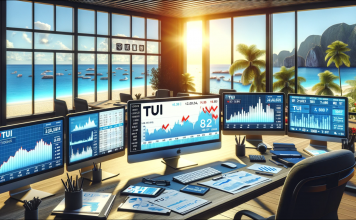 Ein Büro mit mehreren Computerbildschirmen, die TUI-Aktienkurse anzeigen, mit einem Strandblick im Hintergrund.