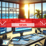 Ein Büro mit mehreren Computerbildschirmen, die TUI-Aktienkurse anzeigen, mit einem Strandblick im Hintergrund,  mit einem TUI NEWS Banner.