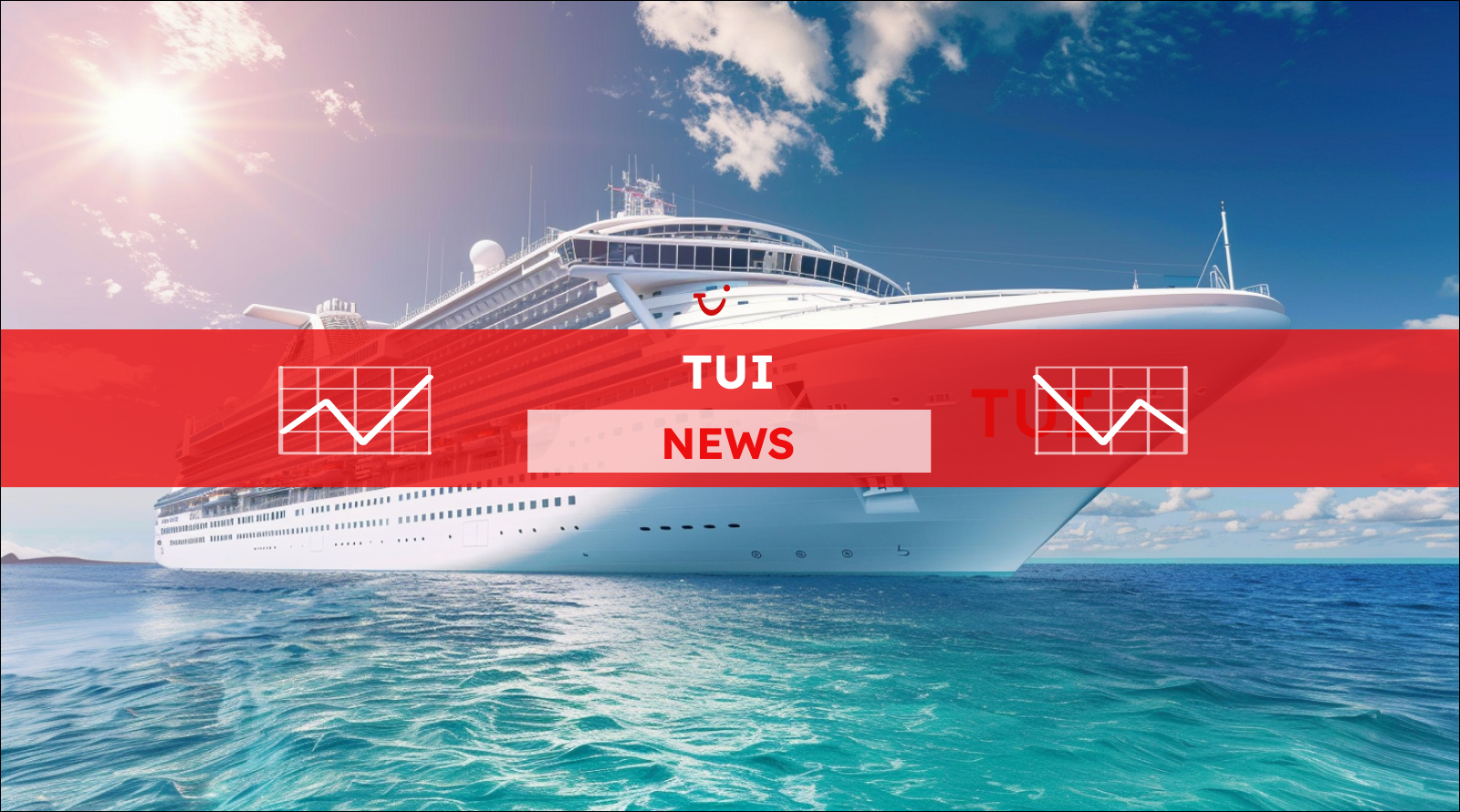 Ein Kreuzfahrtschiff auf dem Wasser in Nahaufnahme, mit einem TUI NEWS Banner.