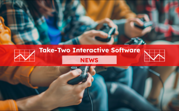Eine Gruppe von Menschen hält Gamecontroller in der Hand und spielt gemeinsam Videospiele, mit einem Take-Two Interactive Software NEWS Banner