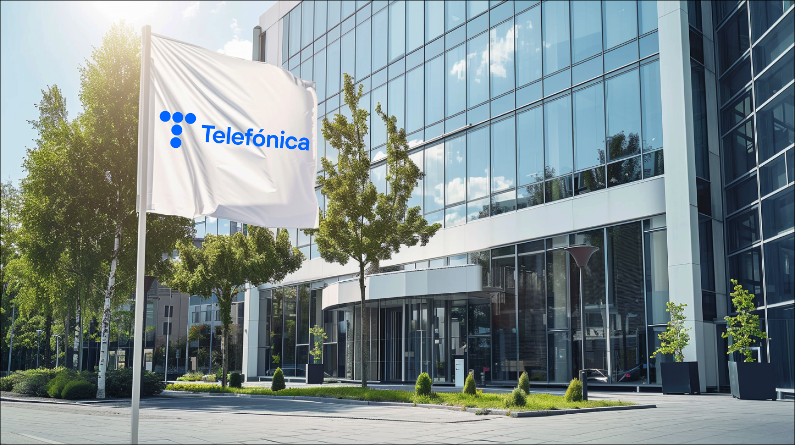 eine wehende Flagge mit dem Logo von Telefónica vor einem modernen Bürogebäude an einem sonnigen Tag.