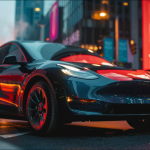 ein rotes Tesla-Auto in einer städtischen Umgebung bei Dämmerung, mit einem leuchtenden Tesla-Logo im Hintergrund.