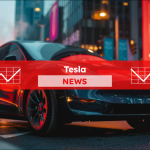 ein rotes Tesla-Auto in einer städtischen Umgebung bei Dämmerung, mit einem leuchtenden Tesla-Logo im Hintergrund,  mit einem Tesla NEWS Banner