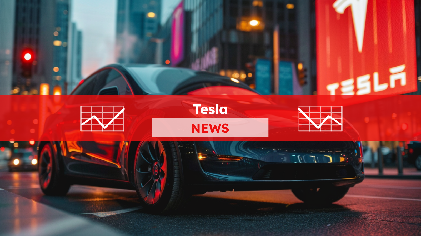 ein rotes Tesla-Auto in einer städtischen Umgebung bei Dämmerung, mit einem leuchtenden Tesla-Logo im Hintergrund,  mit einem Tesla NEWS Banner