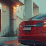 ein rotes Tesla-Elektroauto, das an einer Tesla-Ladestation im Zwielicht geparkt ist.