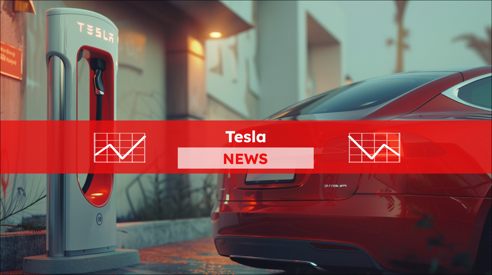 ein rotes Tesla-Elektroauto, das an einer Tesla-Ladestation im Zwielicht geparkt ist, mit einem Tesla NEWS Banner