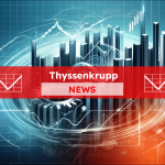 Eine abstrakte Darstellung von mechanischen Zahnrädern und steigenden Finanzdiagrammen, mit einem Thyssenkrupp NEWS Banner.