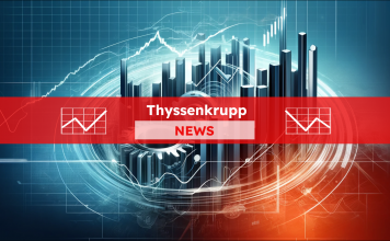Eine abstrakte Darstellung von mechanischen Zahnrädern und steigenden Finanzdiagrammen, mit einem Thyssenkrupp NEWS Banner.