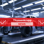 Ein Auto-Rohbau auf einer Montagelinie, mit einem Thyssenkrupp NEWS Banner.