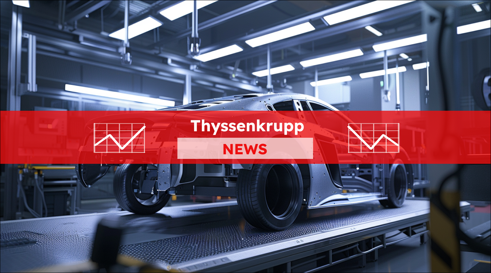 Ein Auto-Rohbau auf einer Montagelinie, mit einem Thyssenkrupp NEWS Banner.