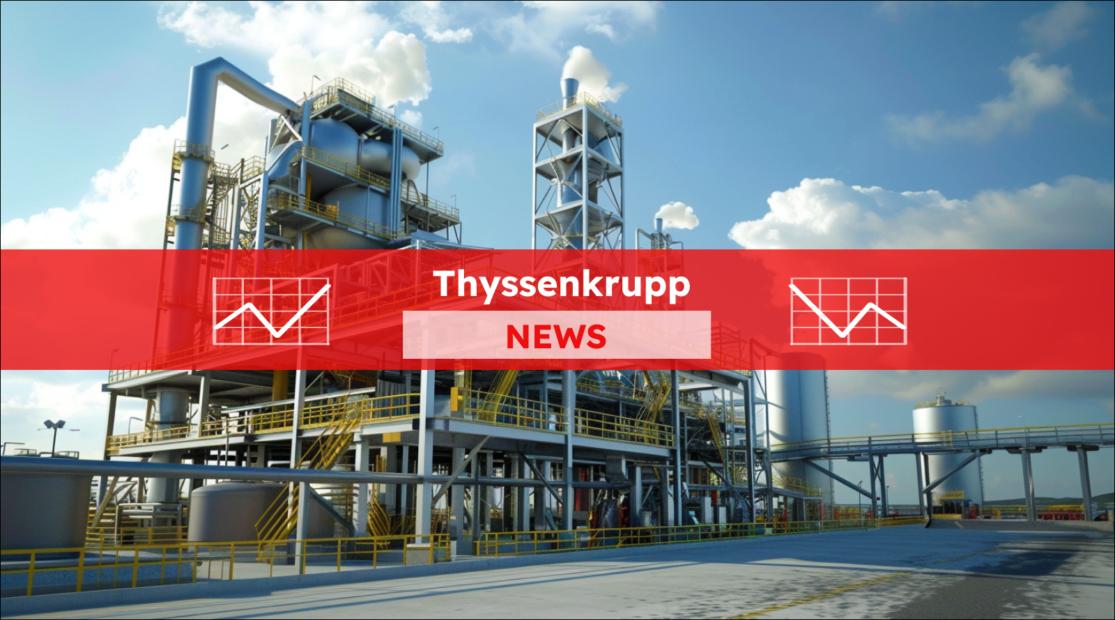 eine moderne Industrieanlage mit Tanks und Strukturen unter blauem Himmel, mit einem Thyssenkrupp NEWS Banner.